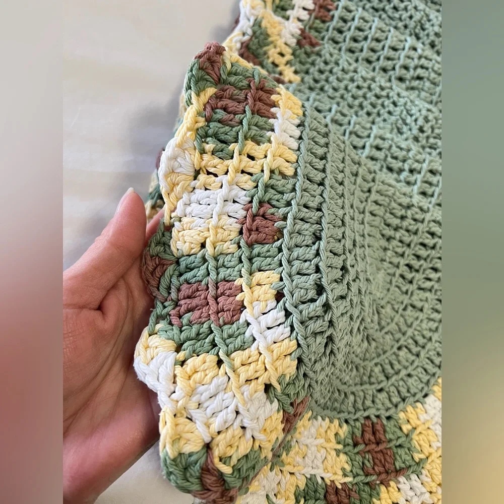 Set of 6 Vintage Oval Hand Crocheted Placemats | Green Yellow Brown